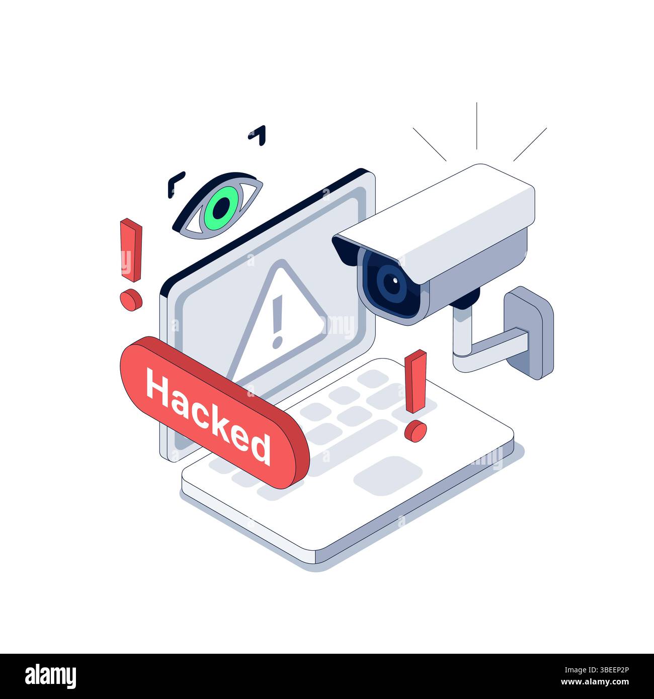 Cybersicherheitsverletzung mit gehackter CCTV-Kamera. Bedrohung der Privatsphäre durch Fernzugriff. Isometrische Vektordarstellung Stock Vektor