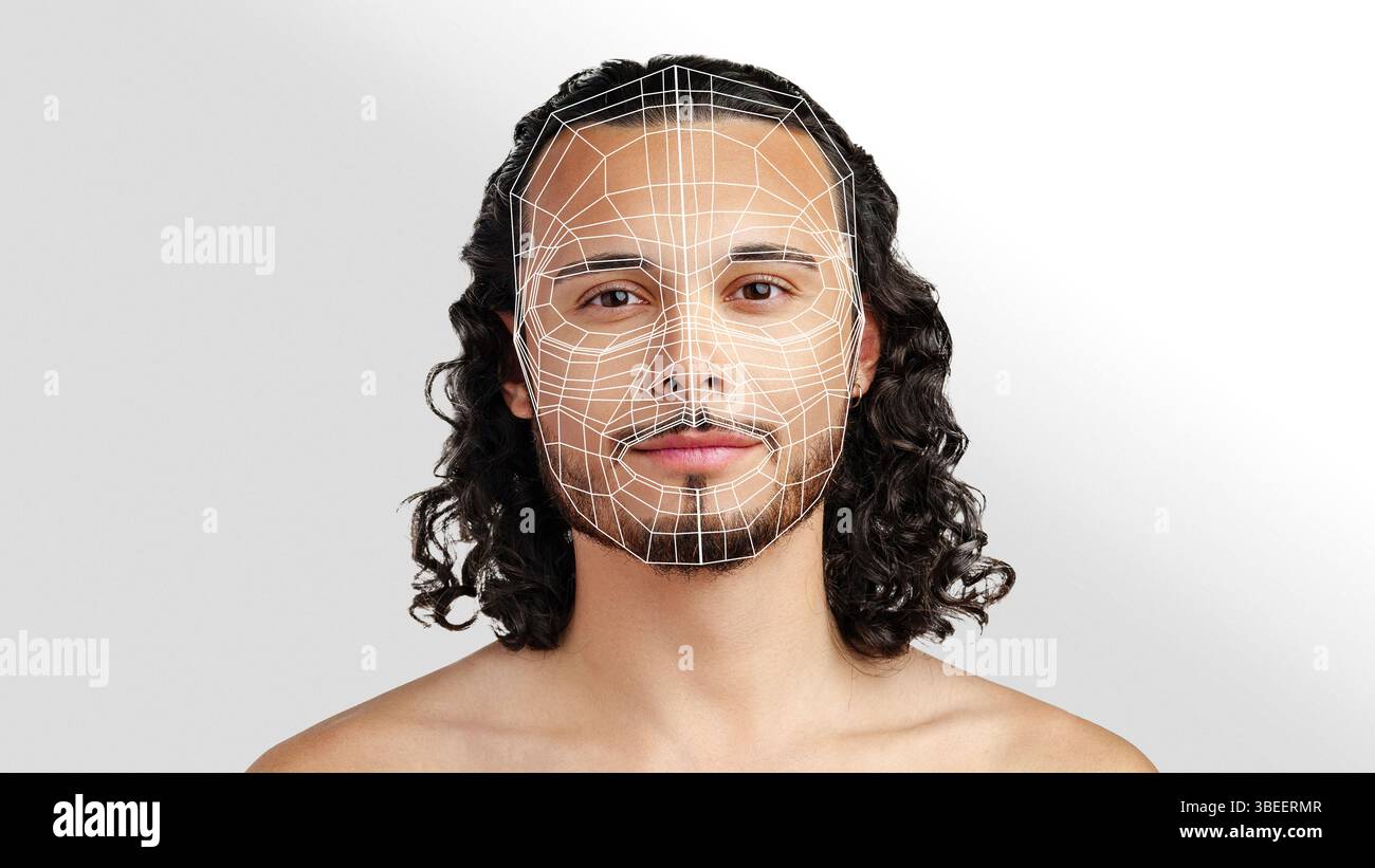 3D-Visualisierung von Gesichtskarten mit einem männlichen Modell, das realistische Hautstrukturen und -Konturen zeigt Stockfoto