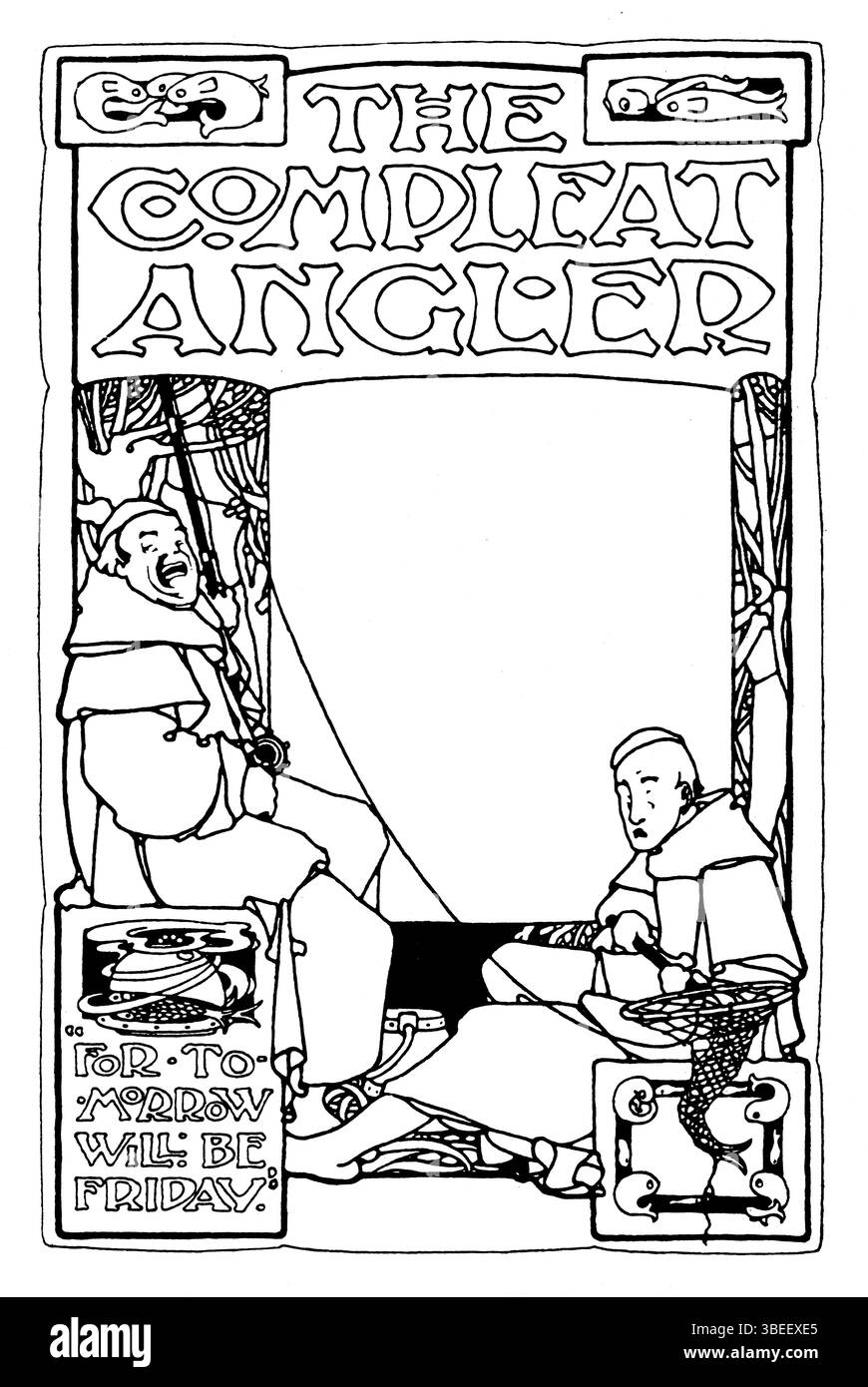The Compleat Angler, Entwurf für eine Bucheinband-, Stift- und Tintenzeichnung von Mönchen Angeln von Edward H Atwell aus dem Studio Magazine 1901 Stockfoto