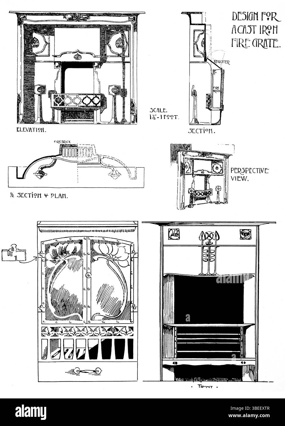 Auswahl an Designs, für Jugendstilkamine aus Gusseisen, vom Studio Magazine 1901 Stockfoto