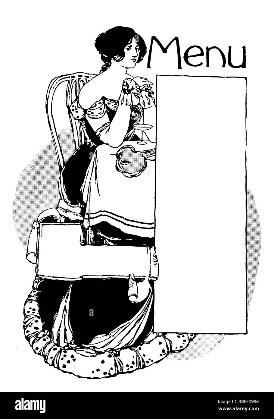 Art Nouveau Design für eine Menükarte, stilvolle Frau am Esstisch von Bertram H Smale, aus dem Studio Magazine 1901 Stockfoto