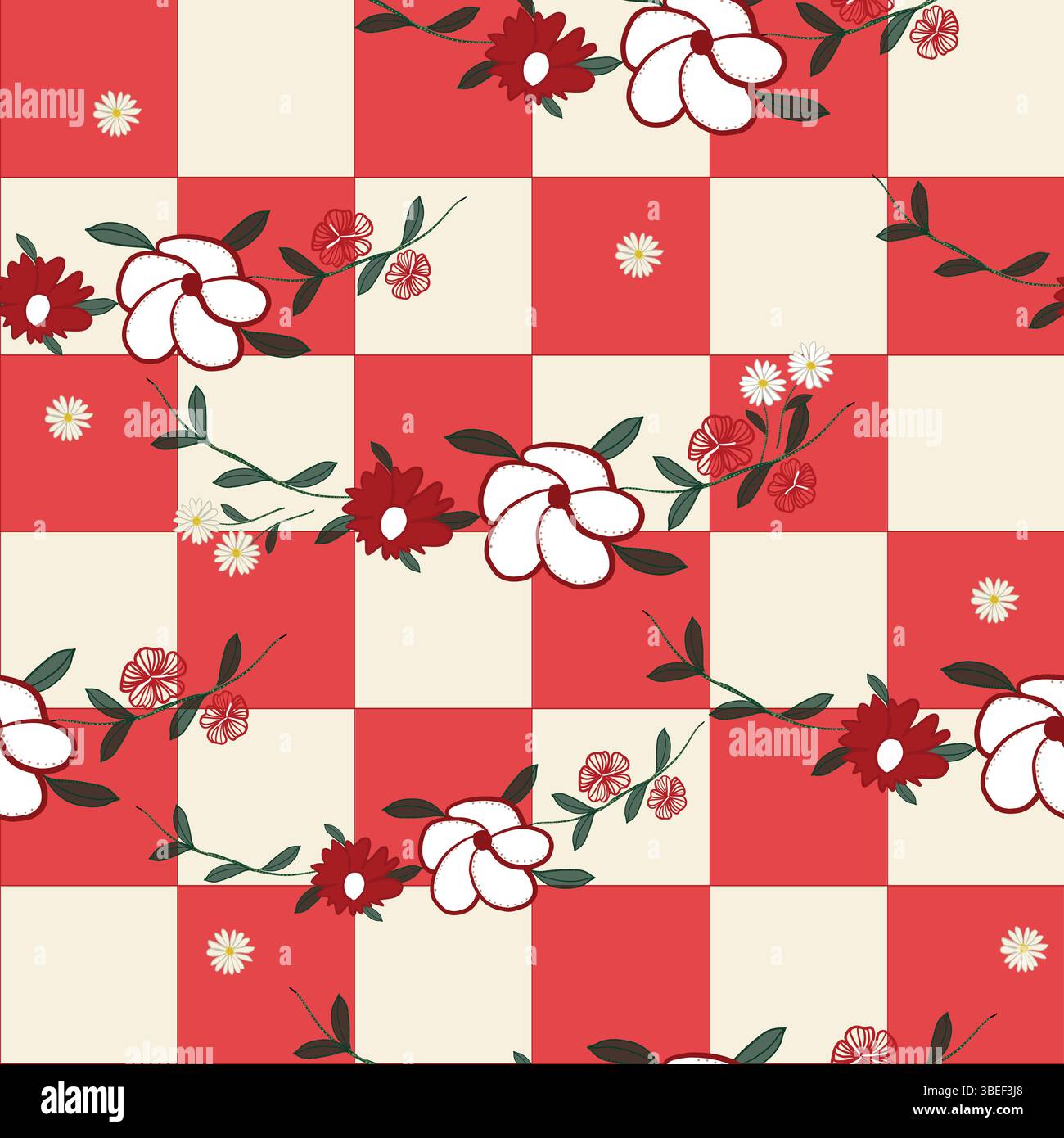 Kariertes rotes und weißes Karomuster mit Blumen Stock Vektor