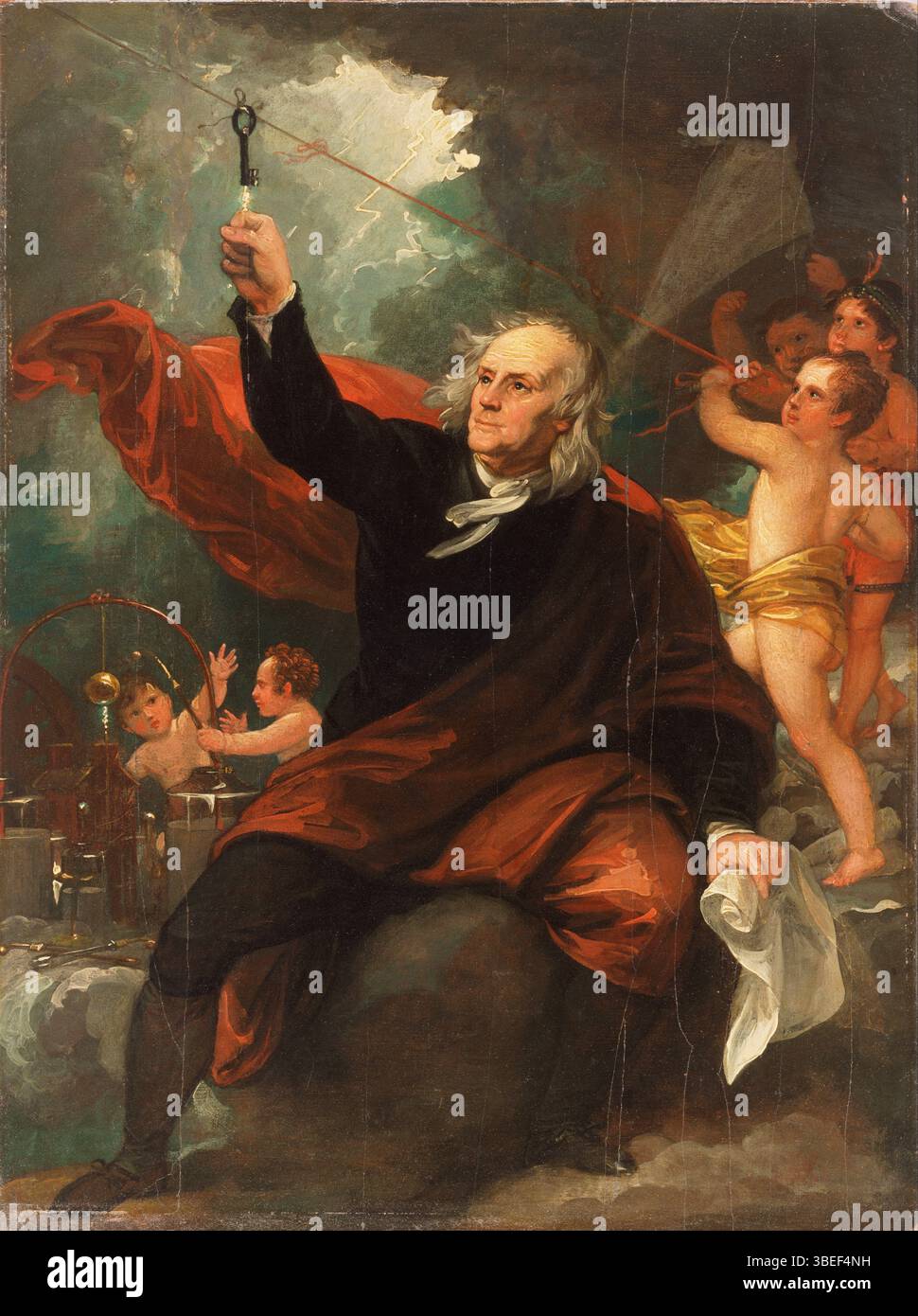 Benjamin Franklin zieht Strom aus dem Himmel. Ölgemälde von Benjamin West 1816 Stockfoto