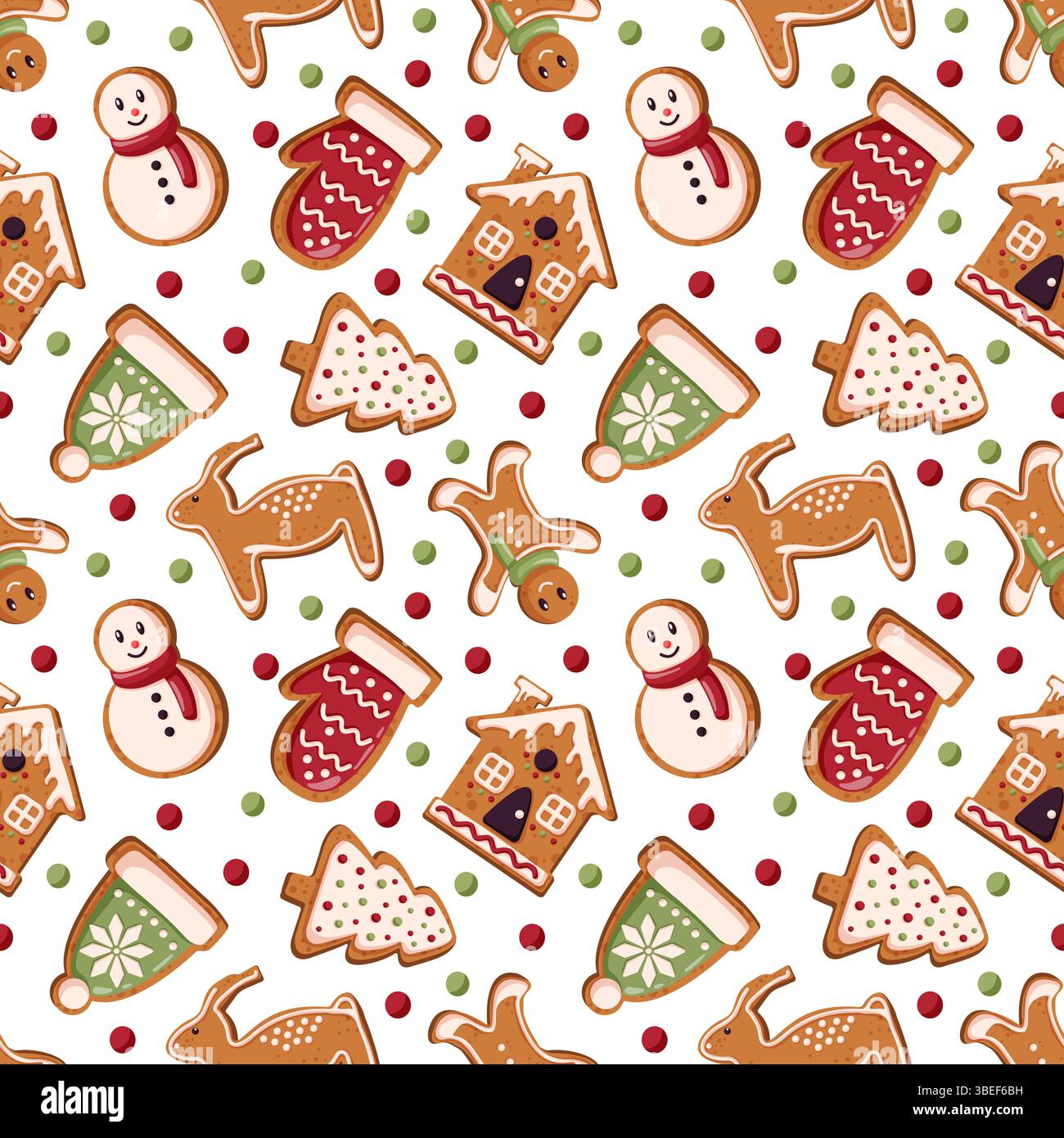 Nahtloses Muster mit Lebkuchenkeks und Süßigkeiten im Cartoon-Stil. Perfekt für Verpackungen an Weihnachten und Neujahr, Banner und Dekorationen. Stock Vektor