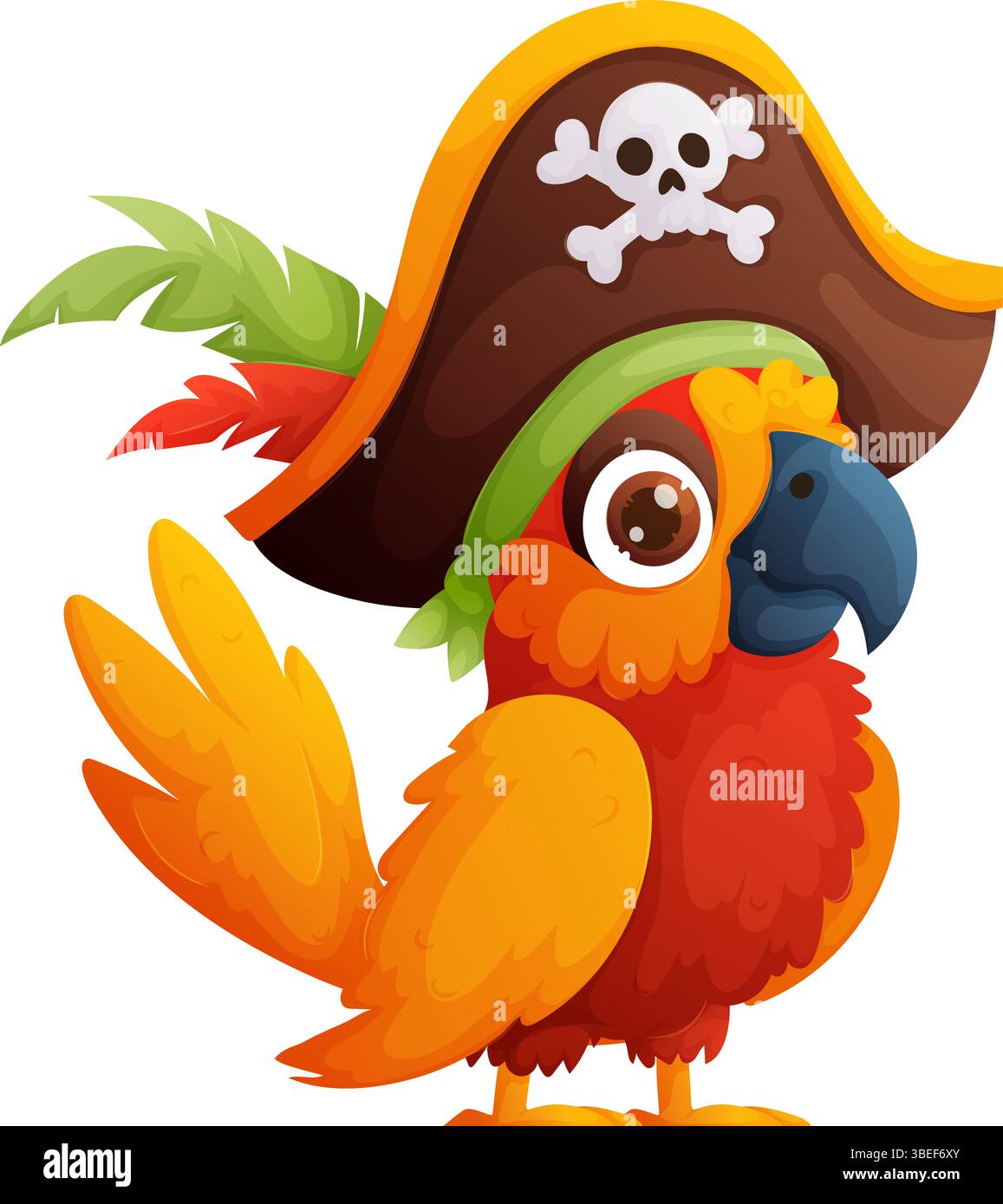 Zeichentrickfilm Pirate Paprot mit Hut, Schädel und Federn für Abenteuer- und Themendesigns. Stock Vektor