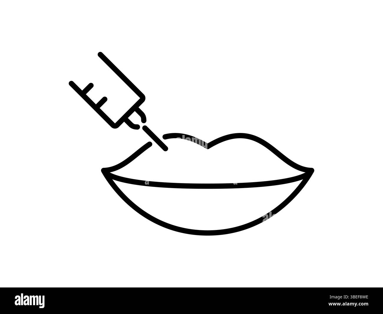 Lippen mit einem Symbol für die Einspritzleitung. Lippenaugmentationsverfahren. Konzept der Kosmetik- und Kosmetikindustrie. Hyaluronsäurefüller. Ästhetische Chirurgie. Vektor Stock Vektor