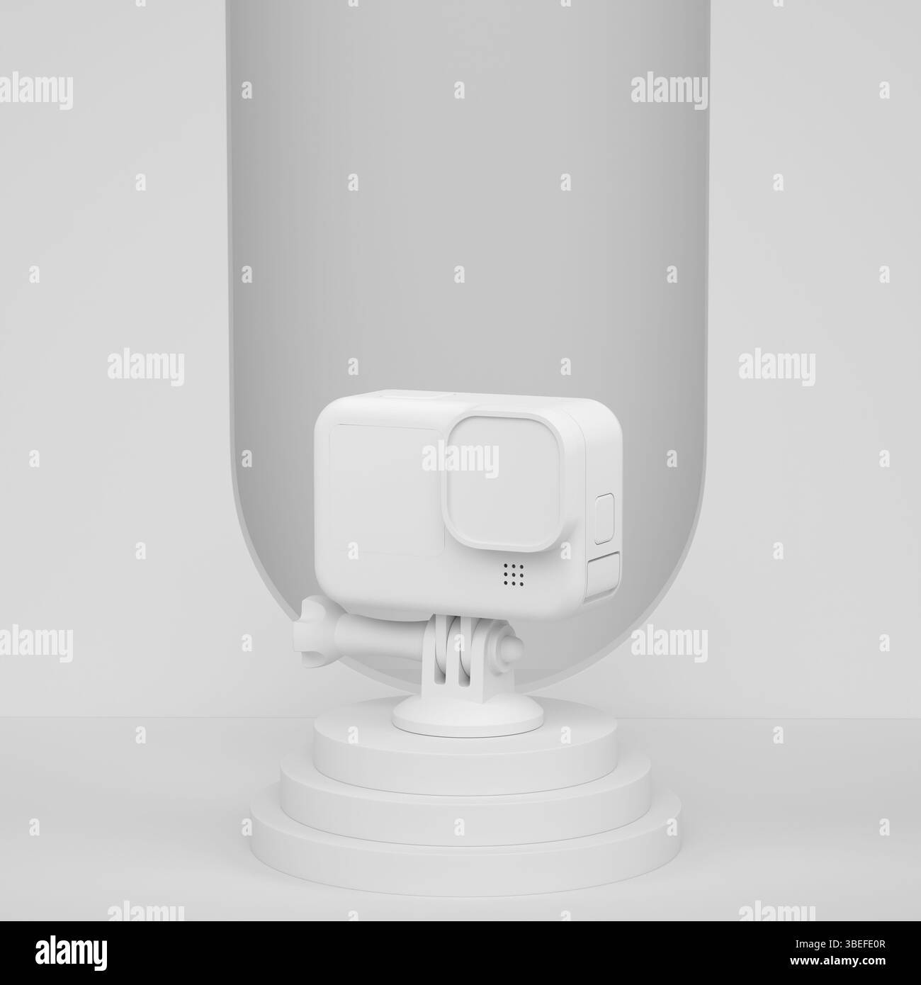 Abstrakte Szene oder Podium mit Foto- und Video-Action-Kamera auf einfarbigem Hintergrund. 3D-Rendering von Szenen für Produktpräsentationen, persönliches Zubehör Stockfoto
