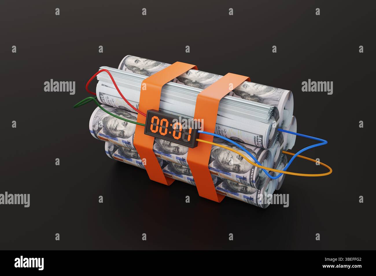 Zeitbombe aus Rollen von US-Dollar-Banknoten auf schwarzem Hintergrund. Illustration des Konzepts der Dollardominanz und der amerikanischen Währungspolitik Stockfoto