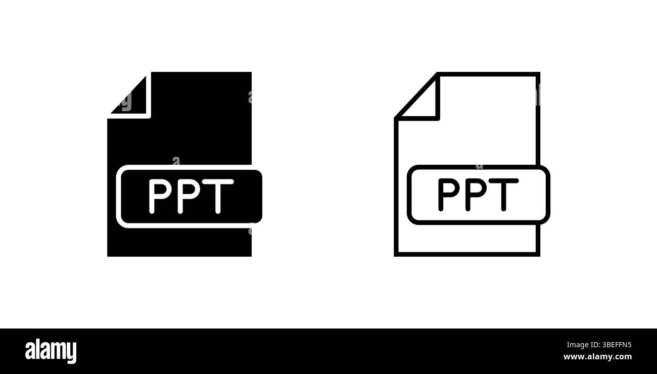 PPT File Icon Collection, ein Papier mit einem „PPT“-Etikett in Umrissen- und Glyphenstilen. Stellt Präsentationen oder Dokumente dar. Perfekt für Bürodesign. Stock Vektor