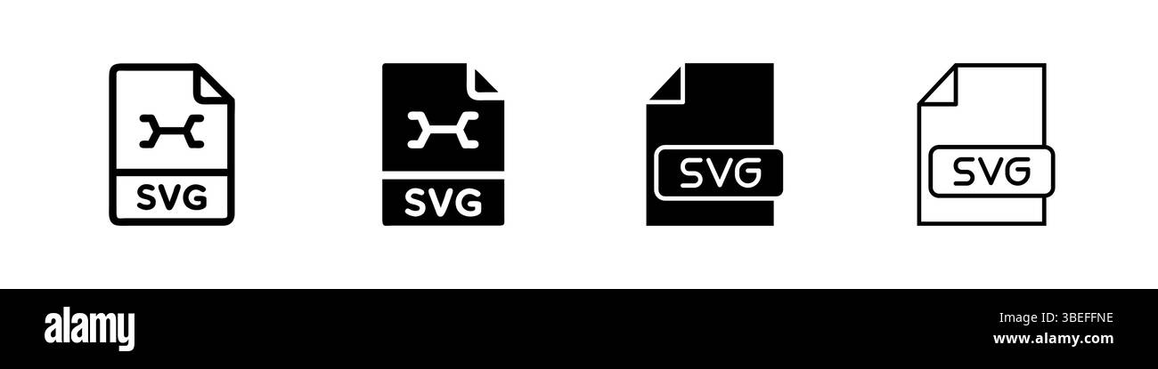 SVG-Dateisymbolsammlung, eine Datei mit einem „SVG“-Label in Kontur- und Glyphenstilen. Stellt Vektorgrafiken oder Konstruktionsdateien dar. Perfekt für Design-Software Stock Vektor