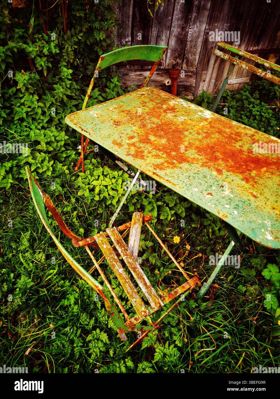 Ein rostiger grüner Tisch und ein kaputter Stuhl lagen vergessen in dickem, bewachsenem Gras, was ein Gefühl von Nostalgie und Natur weckte, die menschliche Artefakte zurückeroberte - Smartphone-aufgenommenes Stockfoto