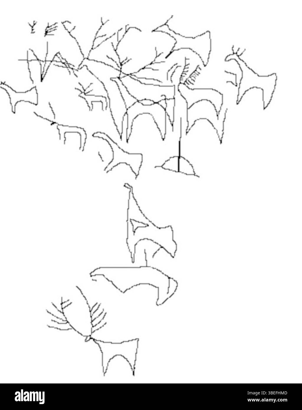 Diese Petroglyphen aus der Trialeti-Region in Südgeorgien, datiert in die mesolithische Ära (ca. 10.000-6.500 v. Chr.), stellen prähistorische Kunst dar, die Einblicke in die frühe menschliche Kultur und den Ausdruck in der Region bietet. Stockfoto