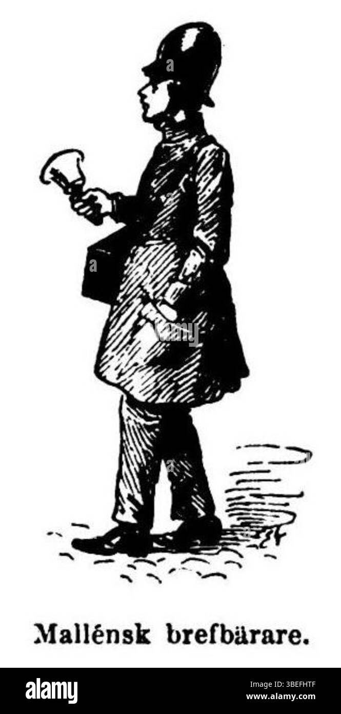 Diese Illustration aus dem 1895 erschienenen Buch „EN gammal stockholmares hågkomster från stad och skola“ zeigt den Mallén Postträger und zeigt die Rolle der Postdienste im sozialen Leben Stockholms in den späten 1800er Jahren Stockfoto