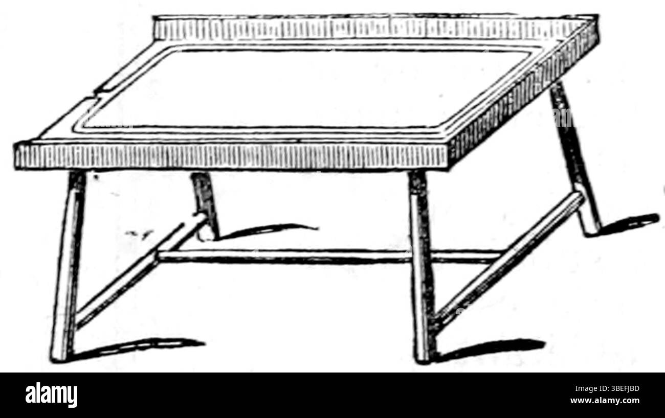 Dieser Stich von A. Thiebault aus dem Jahr 1844 zeigt einen Tisch zum Kneten und Formen von Käse aus seinem Werk „Maison rustique du XIXe siècle“. Stockfoto