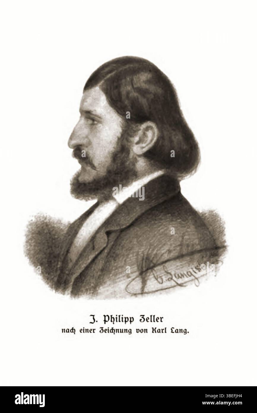 Dieses Bild zeigt Johann Philipp Zeller (1824–1862) nach einer Kreidellithographie von Karl lang aus dem Jahr 1860. Zeller war ein Schweizer Künstler, der im 19. Jahrhundert für seine Arbeit bekannt war, wobei lang mit seiner Lithografie sein Bild einfängt und zur Geschichte des Schweizer Porträts beitrug. Stockfoto