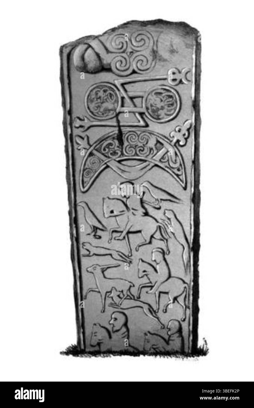 John Stuarts Gravur der Nordwand der Elgin-Säule (1856) zeigt piktische Symbole wie Spiralen, Z-Stäbe, eine Doppelscheibe und eine Jagdszene mit Pferden, einem Hirsch, Hunden und Vögeln. Stockfoto