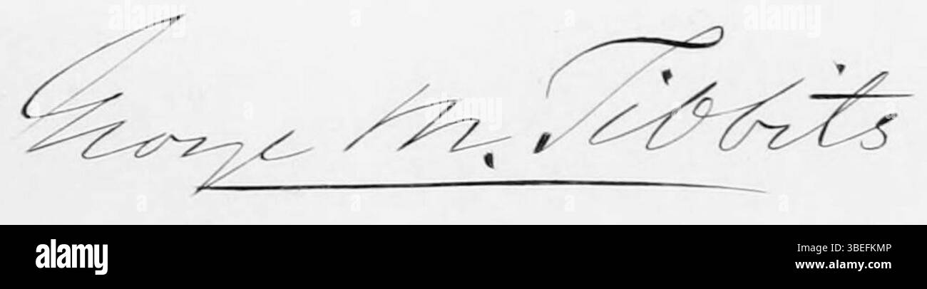 Dieses vor 1880 entstandene Kunstwerk von George M. Tibbits konzentriert sich auf die Signatur des Künstlers und bietet einen genaueren Blick auf seine Marke der Kunst. Stockfoto