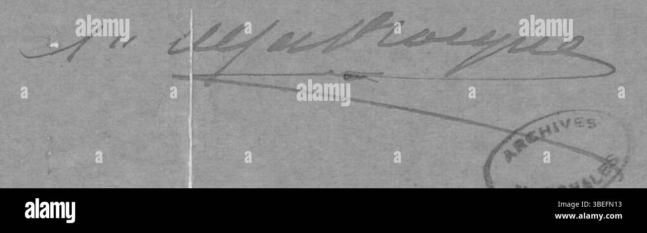 Die Unterschrift des Architekten Anthyme de la Rocque steht auf dem Plan von 1907 für die Kathedrale von Coutances. Das Dokument wird im Archives nationales unter dem Aktencode CP/F/19/7691 aufbewahrt. Stockfoto