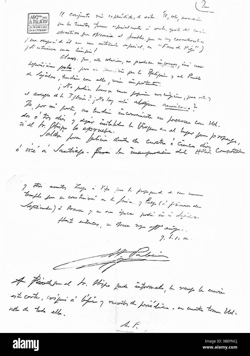 Im zweiten Teil des Briefes von Antonio Palacios Ramilo vom 18. August 1930 wird die Bedeutung der Jungfrau von Seixalbo näher erläutert. Dieser Brief vertieft den religiösen Kontext und die Verehrung der Figur in der spanischen Kultur. Stockfoto