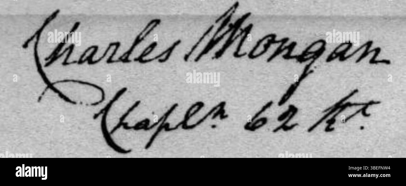 Die Unterschrift von Charles Morgan, einem irischen Captain im 62. Regiment, datiert 1777. Dieses historische Dokument spiegelt die Rolle irischer Offiziere im britischen Militär im 18. Jahrhundert wider. Stockfoto