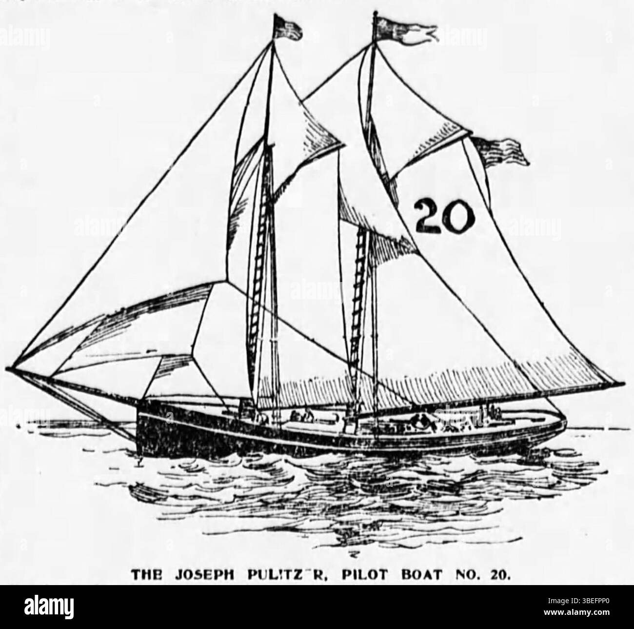 Eine Illustration des Pilotbootes Joseph Pulitzer, Nr. 20, in der Ausgabe von The Evening World, einer New Yorker Zeitung vom 22. Februar 1894. Das Bild hebt das Design des Bootes hervor und wurde in einer prominenten Publikation dieser Zeit gedruckt. Stockfoto