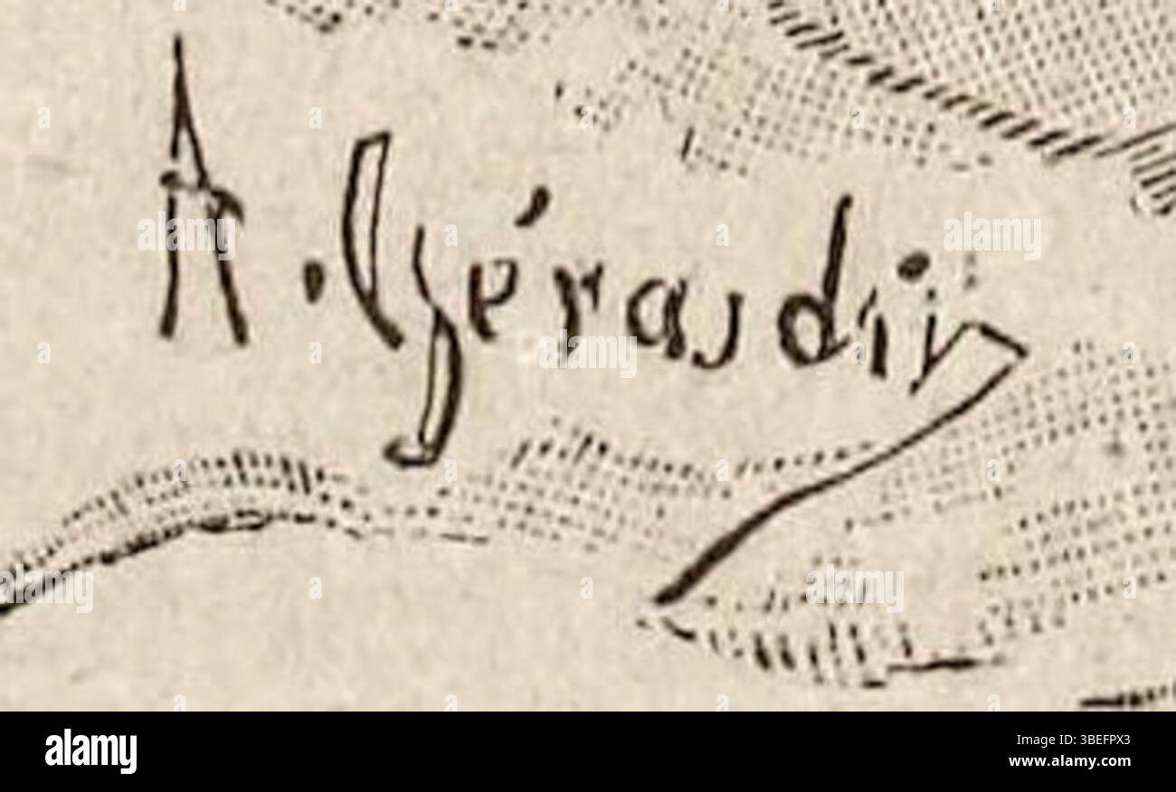 Die Unterschrift von A. Gérardin, gedruckt in *Le Monde Illustré* am 2. Dezember 1882, folgt auf einen Holzstich von Auguste Lepère. Dieses Kunstwerk repräsentiert die künstlerische Zusammenarbeit in den französischen Medien des 19. Jahrhunderts. Stockfoto