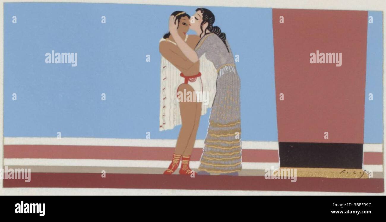 Diese Illustration von Francois-Louis Schmied auf Seite 89 von Band 3 der Ausgabe von Homers „Odyssee“ von 1928 fängt zentrale Momente der epischen Reise ein. Stockfoto