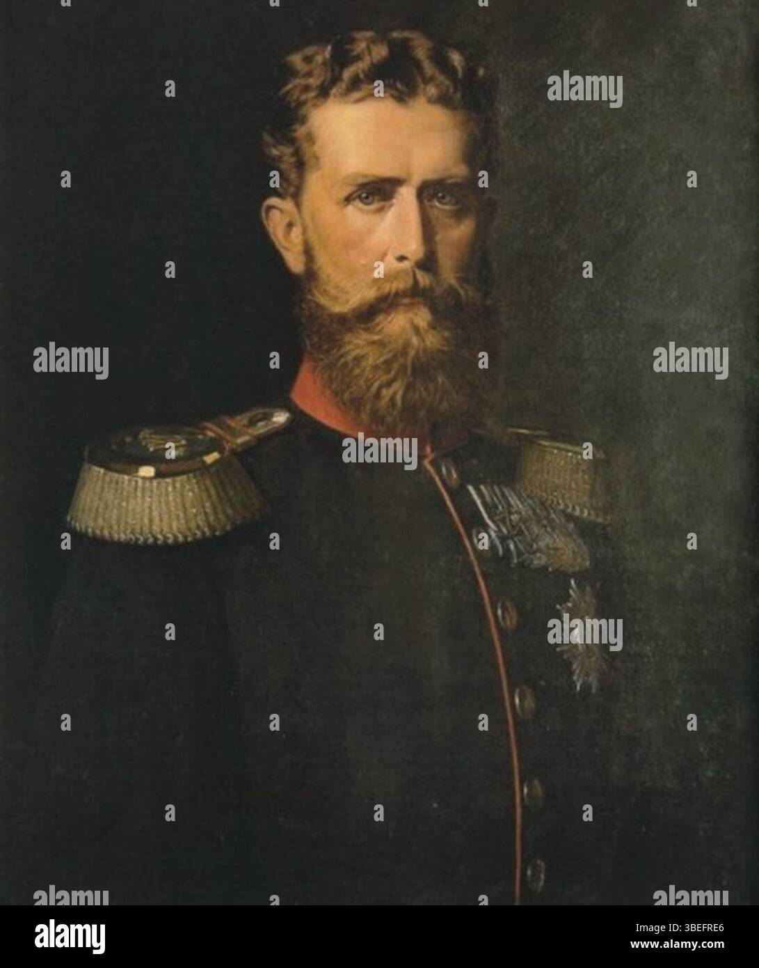 Dieses Porträt von Fürst Leopold von Hohenzollern, einem Mitglied der Adelsfamilie Hohenzollern, bleibt undatiert. Das Kunstwerk repräsentiert die edle Abstammung und erfasst den Status und das aristokratische Erbe des Einzelnen. Stockfoto