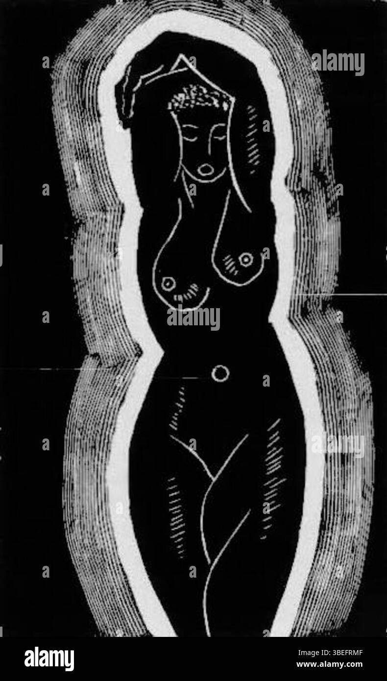 Kupferstich von Max Jiménez, das Kapitel 17 seines Romans El Domador de Pulgas illustriert. Das 1936 entstandene Werk greift den narrativen und visuellen Stil von Jiménez’ literarischem Werk auf. Stockfoto