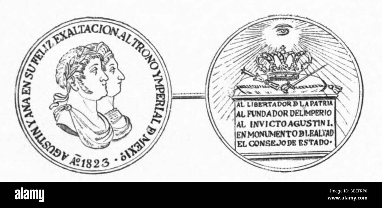 Illustration einer Medaille, die 1823 vom mexikanischen Staatsrat zur Erinnerung an die kaiserliche Krönung von Agustín I. und Ana ausgestellt wurde, gezeichnet von Francisco Gordillo und in einem Buch von Riva Palacio und Zárate im Jahr 1880. Stockfoto