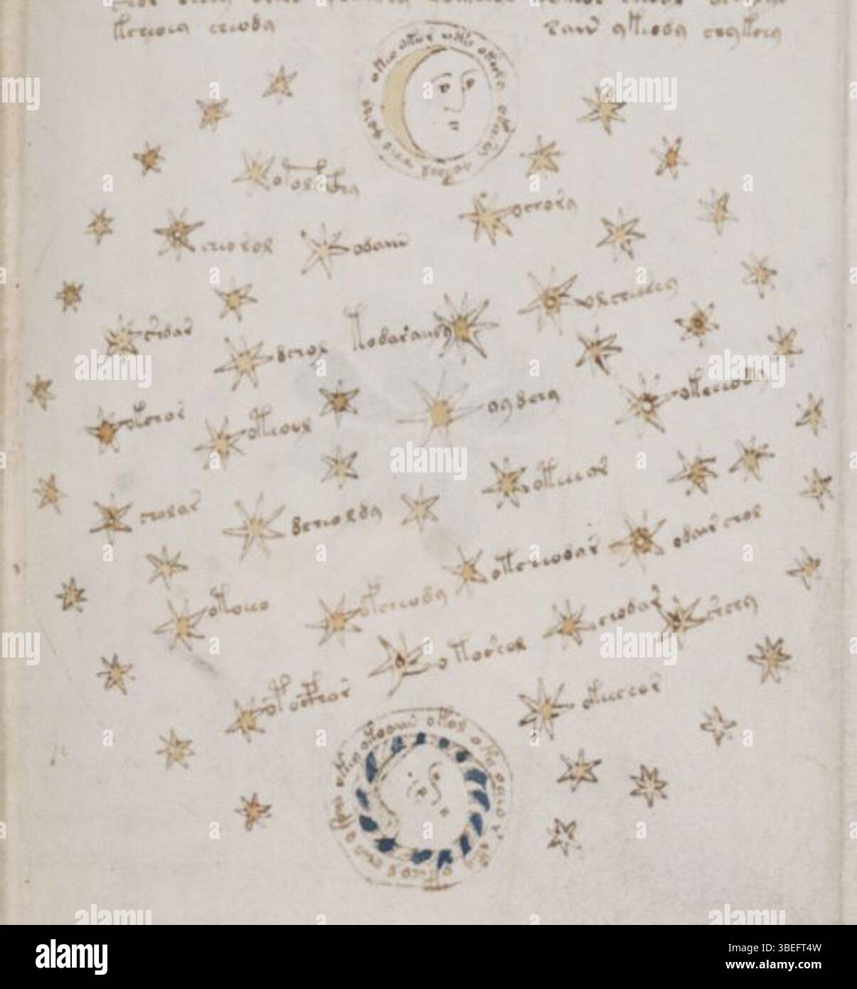 Dies ist eine detaillierte Ansicht des Kreisdiagramms aus f68r2 des Voynich-Manuskripts aus dem 15. Jahrhundert, Teil seines einzigartigen astronomischen Abschnitts. Stockfoto