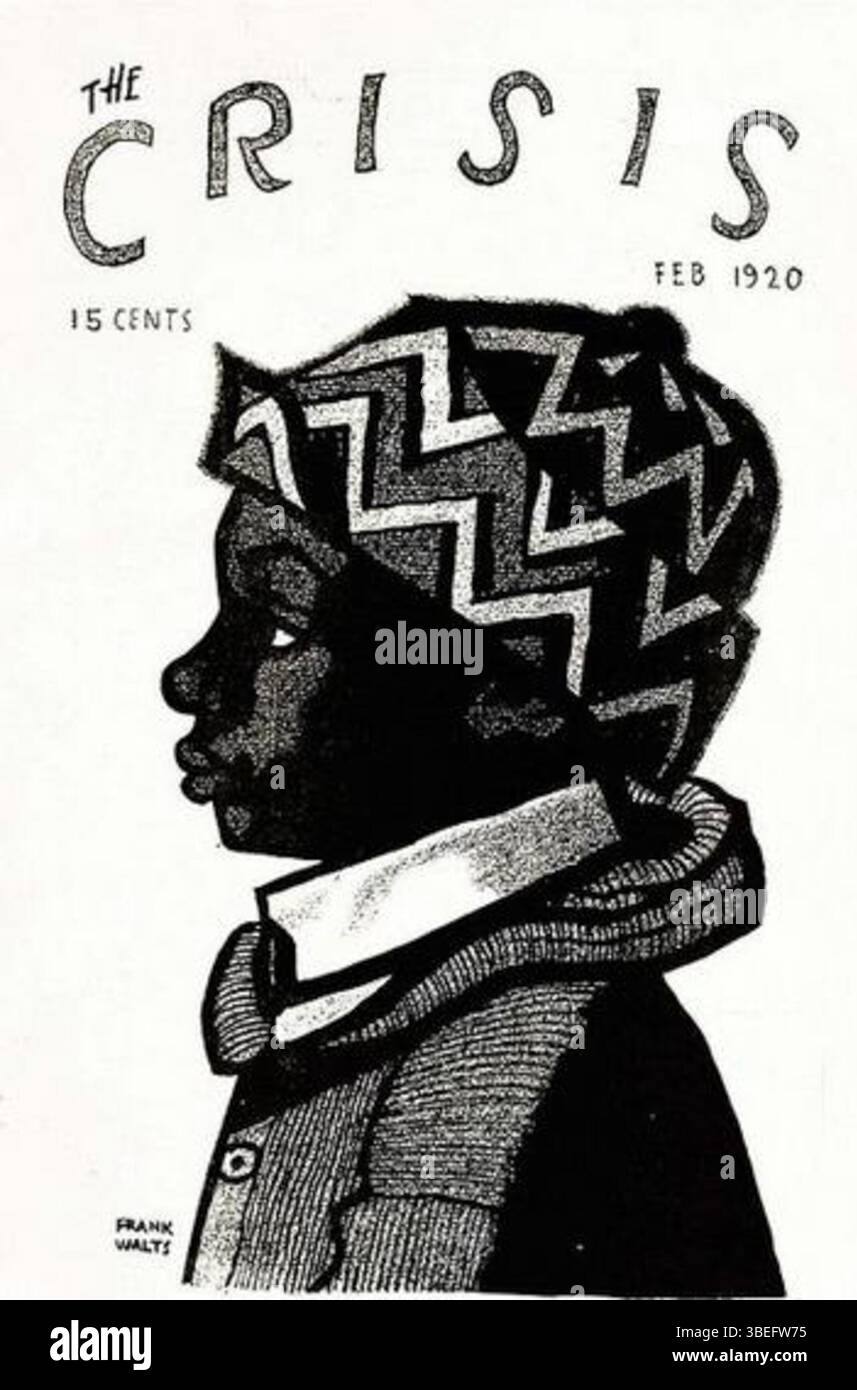 Dies ist das Cover des Magazins „The Crisis“, Band 19, Ausgabe 4, vom Februar 1920. Das Cover wurde von Frank Walts (1877–1941) signiert und zeigt die Rolle der Zeitschrift bei der Auseinandersetzung mit sozialen und rassischen Themen im frühen 20. Jahrhundert. Stockfoto