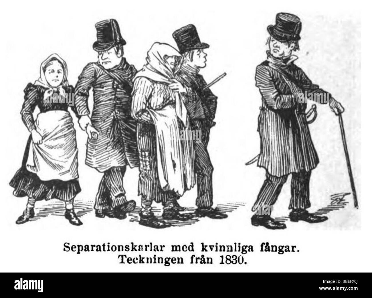 Diese Illustration aus dem 1895 erschienenen Buch „EN gammal stockholmares hågkomster från stad och skola“ zeigt eine Szene der Trennung zwischen Männern und Frauen, die das Sozial- und Strafsystem Stockholms des 19. Jahrhunderts widerspiegelt. Stockfoto