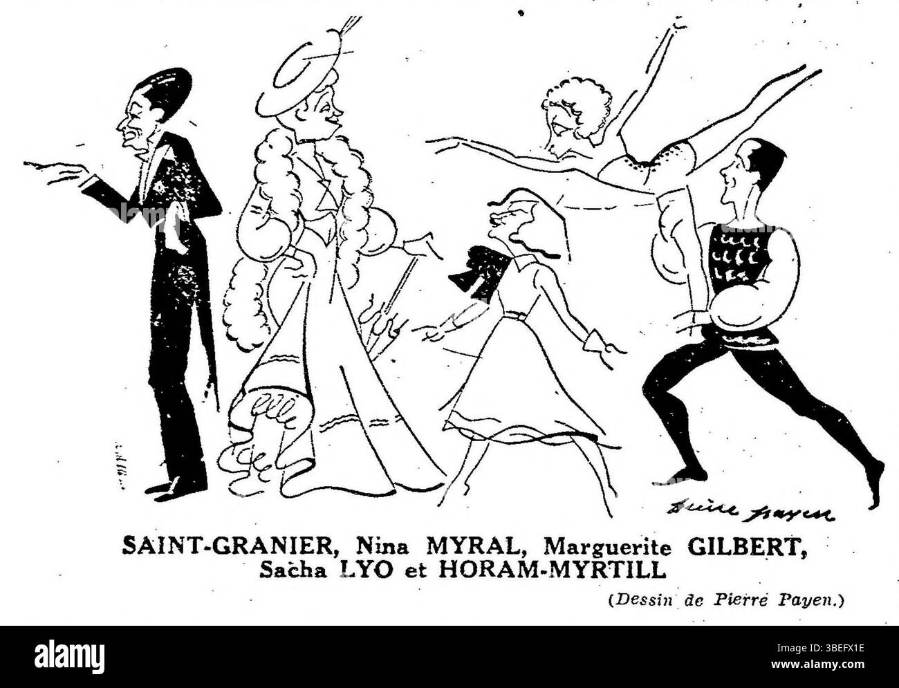 Eine Illustration von Pierre Payen, veröffentlicht in Ric et RAC am 29. November 1930, mit Saint-Granier, Nina Myral, Marguerite Gilbert, Sacha Lyo und Horam-Myrtill treten im Folies de Paris auf. Stockfoto
