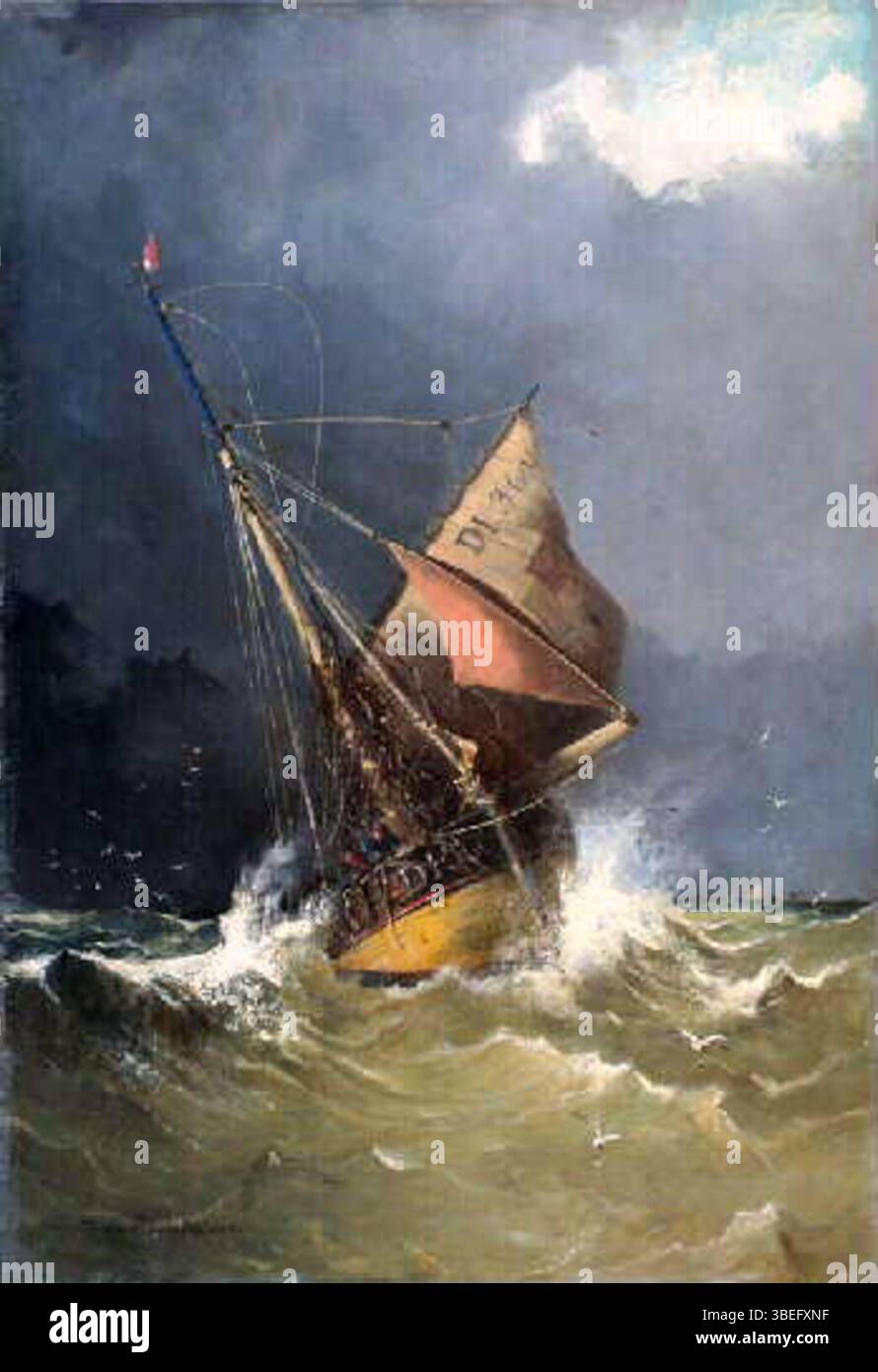 Das Gemälde „Chalutier en mer“ (Trawler auf See) von Théodore de Broutelles (1842–1933), das 1885 entstand, zeigt einen Trawler auf See in der Nähe von Dieppe, Frankreich, und zeigt das Können des Künstlers in der maritimen Szene und seinen Fokus auf das Arbeitsleben der Fischer. Stockfoto