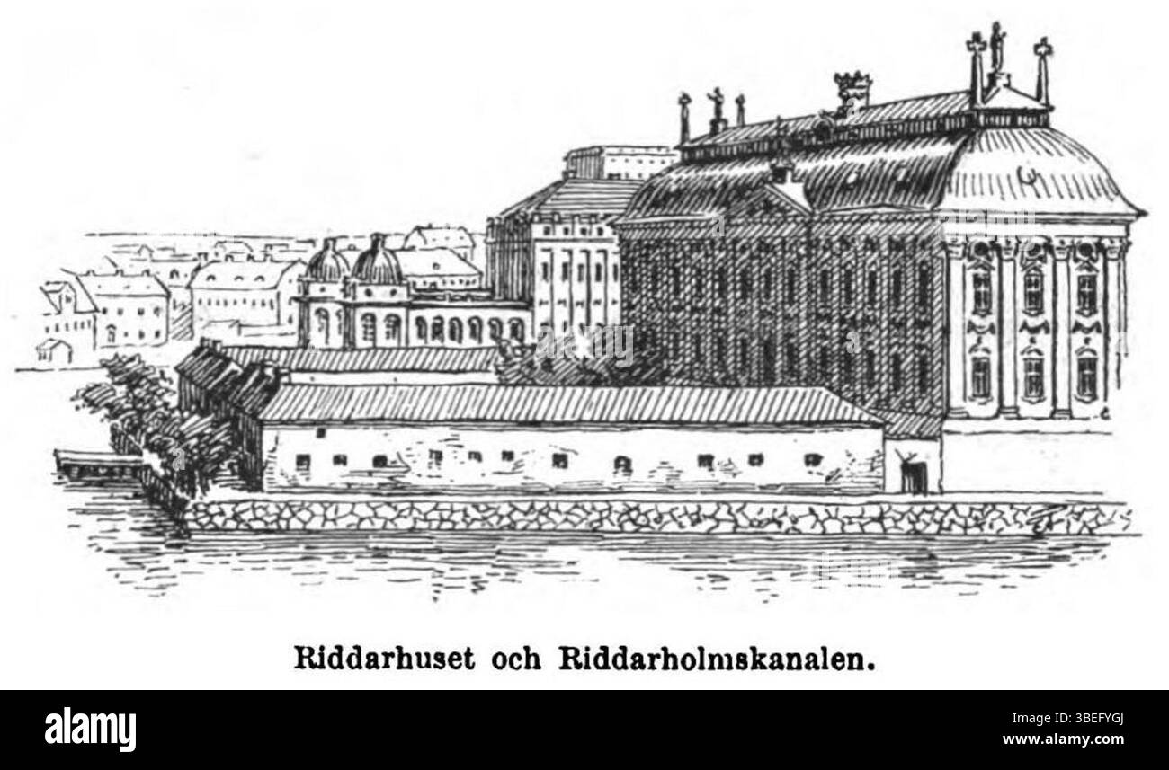 Diese Illustration von *EN gammal stockholmares hågkomster från stad och skola* aus dem Jahr 1895 zeigt Riddarhuset und Riddarholmskanalen, zwei berühmte Wahrzeichen in Stockholm, die die architektonische Schönheit dieser historischen Stätten zeigen. Stockfoto