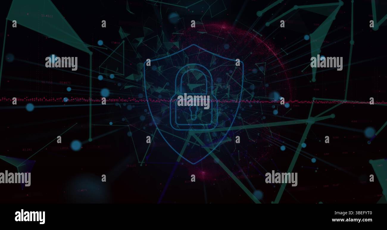 Sicherheitsvorhängeschloss-Symbol über dem Netzwerk von Verbindungen vor schwarzem Hintergrund Stockfoto