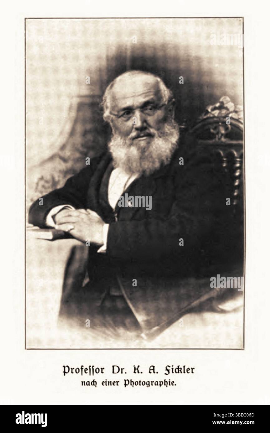 Dieses Porträt von Karl Alois Fickler (1809–1871) entstand in den späten 1860er Jahren nach einer Fotografie von Fickler. Das Porträt fängt die geschätzte Figur in einem formalen Rahmen ein und unterstreicht seine Rolle in europäischen intellektuellen Kreisen des 19. Jahrhunderts. Stockfoto