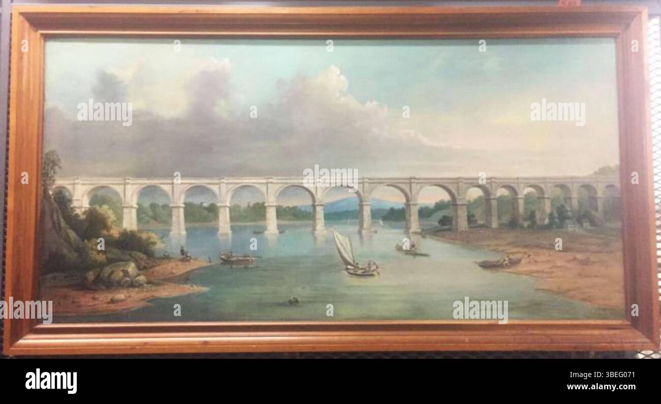 Dieses Gemälde um 1838 zeigt die High Bridge über den Harlem River. Das Kunstwerk betont die Ingenieurskunst und die Bedeutung der Brücke für die Verkehrsinfrastruktur New Yorks im 19. Jahrhundert. Stockfoto