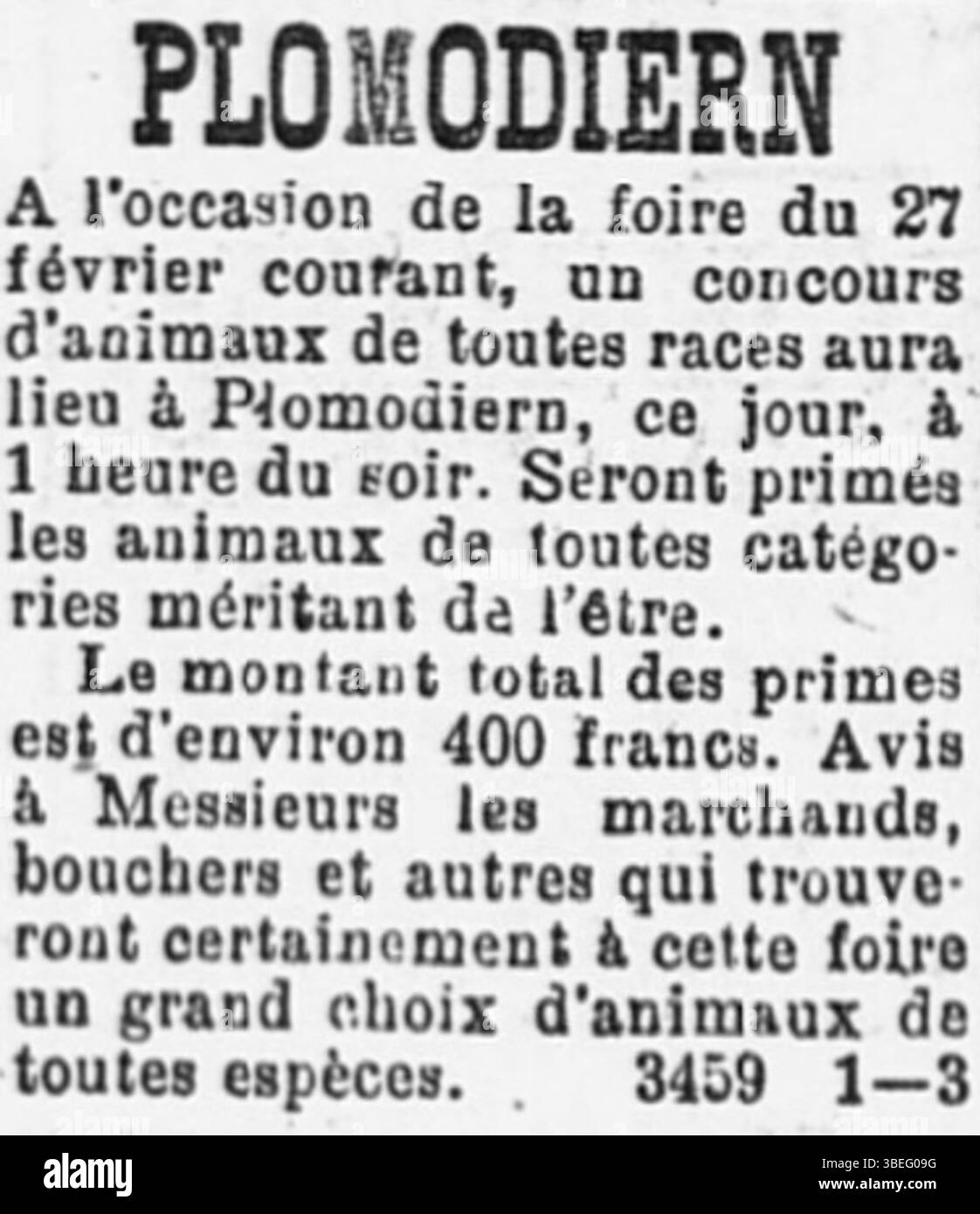 Ein Auszug aus der Ausgabe der Tageszeitung *L’Ouest-Eclair* vom 25. Februar 1905 berichtet über einen Tierwettbewerb in Plomodiern, Frankreich. Die Veranstaltung beleuchtet lokale landwirtschaftliche Aktivitäten und Tierhaltung in der Bretagne des frühen 20. Jahrhunderts. Stockfoto