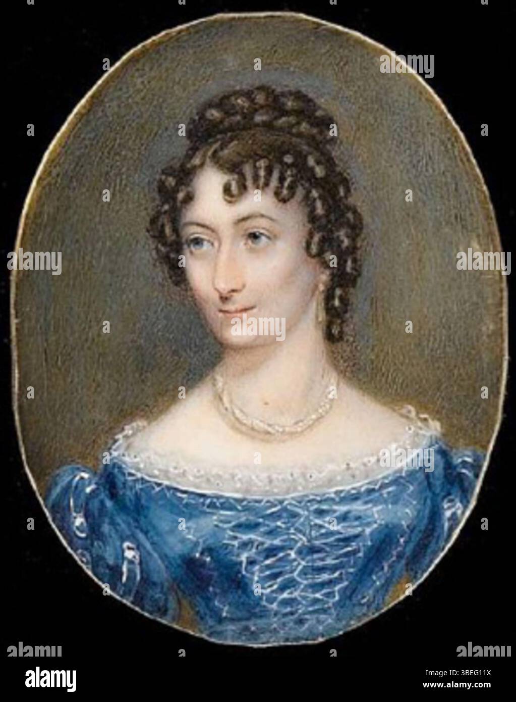 Dieses Miniaturporträt, gemalt von Barrett nach Jane Drummond, zeigt eine junge Frau im zarten Stil des 19. Jahrhunderts. Es wurde 1825 erbaut und ist mit der Signatur des Künstlers markiert und in Ebenholz eingerahmt, was die handwerkliche und künstlerische Handwerkskunst dieser Zeit widerspiegelt. Stockfoto