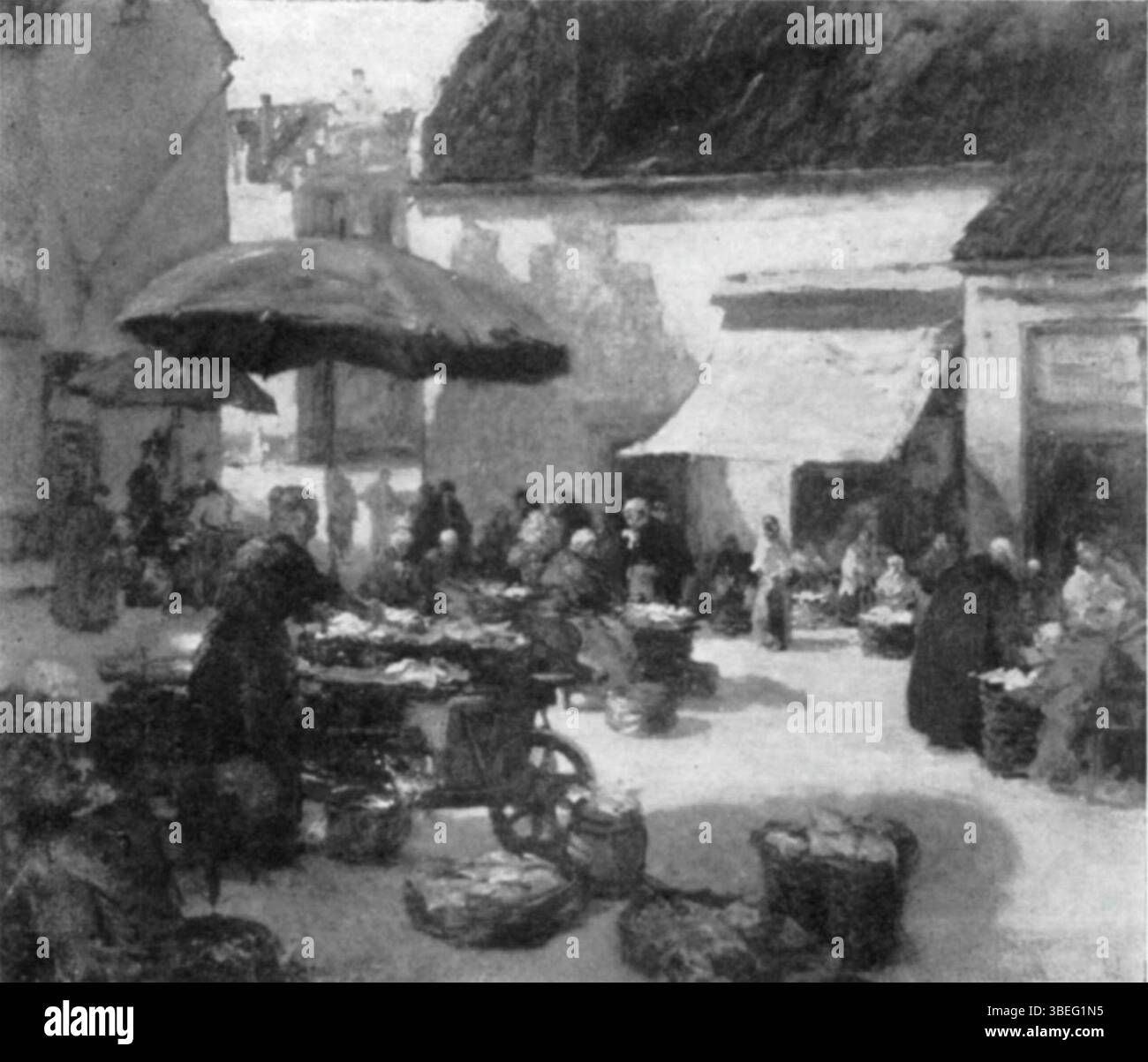 Fischmarkt von Brügge ist ein Ölgemälde von Francis Petrus Paulus, das 1920 entstanden ist. Das Gemälde, das Teil der Sammlung des Detroit Institute of Arts ist, zeigt eine malerische Marktszene in Brügge und fängt den Charme und das tägliche Leben der Stadt ein. Stockfoto