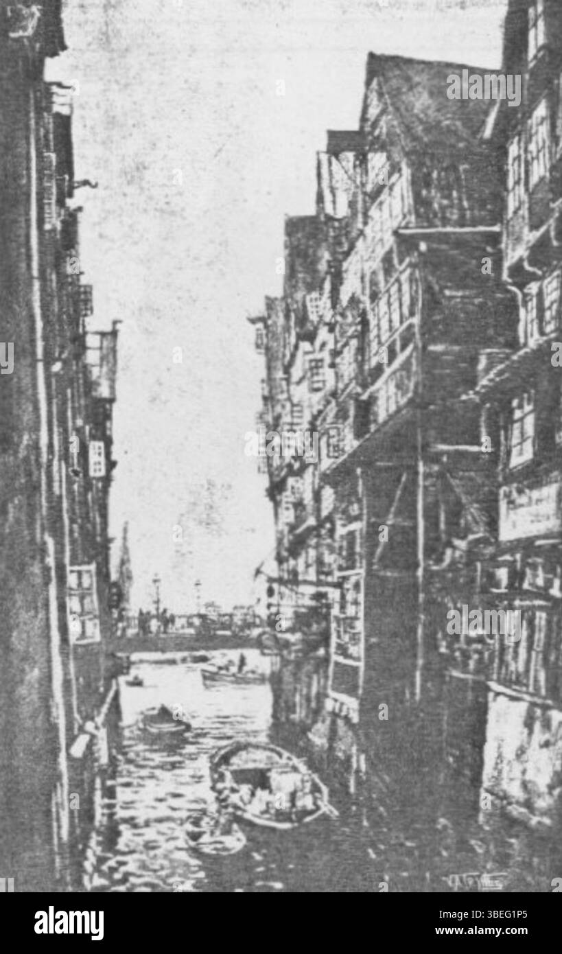 Hans Herrmanns Gemälde *Steckelhörnfleet* von 1890 zeigt die ruhige Schönheit eines Hamburger Kanals. Die Liebe des Künstlers zum Detail bei der Erfassung der Wasseroberfläche und der umgebenden Architektur spiegelt seine Meisterschaft in der realistischen Landschaftsmalerei wider. Stockfoto