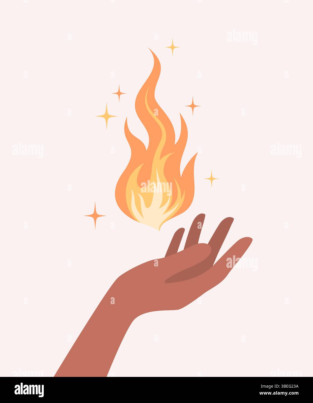 Hand mit braunem Hautton, die eine Flamme über einer offenen Handfläche hält. Illustration des flachen Vektors Stock Vektor