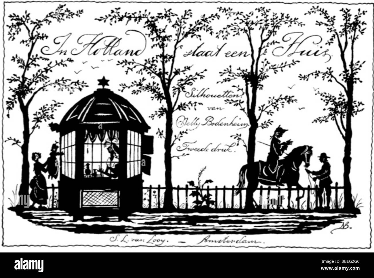 Diese Illustration von Nelly Bodenheim (1874–1951) mit dem Titel „in Holland Staat een Huis“ entstand 1924 mit ostindischer Tinte. Bodenheims Arbeiten spiegeln ihre Meisterschaft der Tusche-Illustration während des frühen 20. Jahrhunderts wider und kombinieren niederländische Themen mit feinen Linearwork. Stockfoto