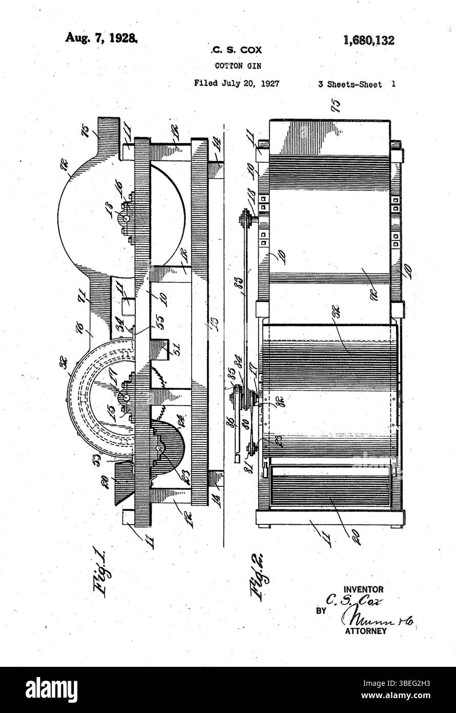 Dies ist eine Baumwollzeichnung von Cary S. Cox, eingereicht am 15. Februar 1928. Die Patentanmeldung US207307A wurde am 7. August 1928 erteilt und deckt die technischen Aspekte eines Baumwollgins ab. Cox übertrug ein Drittel des Patents Jessie M. Cox und ein Drittel Frances Cox. Stockfoto