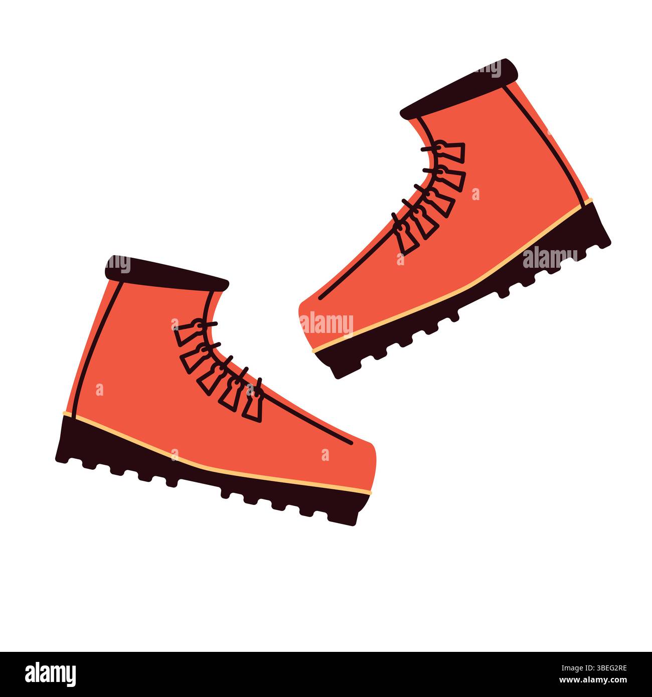 Flache Abbildung eines Paar roter Wanderschuhe mit schwarzen Sohlen und robusten Schnürsenkeln. Steht für Outdoor-Schuhe, Trekkingausrüstung und Berg Stock Vektor