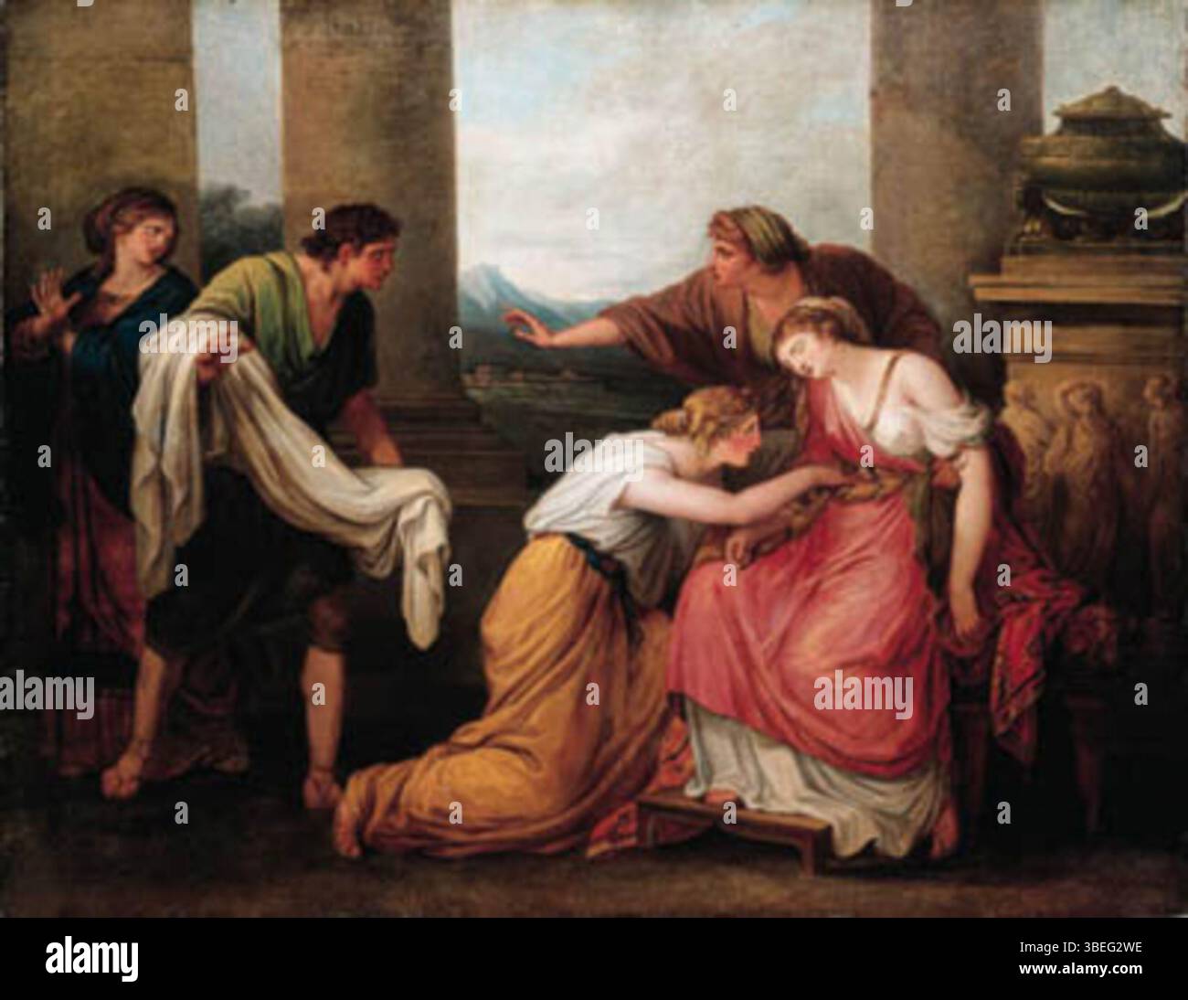 Diese Szene zeigt Julia, die Frau von Pompeius, die ohnmächtig wird, als sie das blutbefleckte Kleid ihres Mannes sah, und einen Moment intensiver Emotionen und Tragödien festnimmt. Es ist eine dramatische Darstellung der antiken römischen Geschichte. Stockfoto