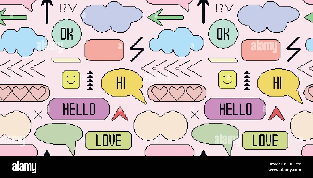 Satz von Sprache, Wolken, Pfeilen, Aufklebern und Herzsymbolen erzeugen ein nahtloses Muster. Retro-Hintergrund im Stil der 90er Jahre. Sprachblasen Pixelgrafik, Vektor Stock Vektor