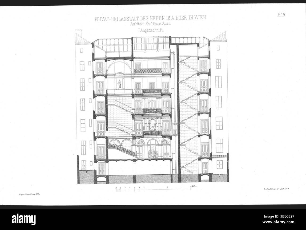 Der Längsschnitt der Privat-Heilanstalt in Wien, entworfen von Professor Hans Auer 1888. Die architektonische Zeichnung zeigt die funktionale Gestaltung dieser medizinischen Einrichtung im späten 19. Jahrhundert. Stockfoto